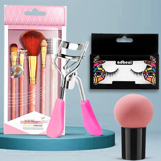 Imported Beauty Perfection Combo | 5-Piece Makeup Brush Set, Mushroom Shape Beauty Blender, Eyelashes & Lash Curler | Beauty Gadgets Combo (Item Code: 181)