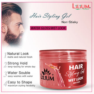 Lilium Hair Styling Gel 250ml | Non-Sticky, Strong Hold for All Hair Types | Stylish Glossy Finish Hair Volumizer | Long-Lasting, Flexible Styling Gel for Men