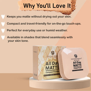 Adbeni Imported All Day Matte Compact Powder 20G | Oil Control, Long-Lasting, Lightweight & Buildable Coverage | Shine-Free Finish for All Skin Types