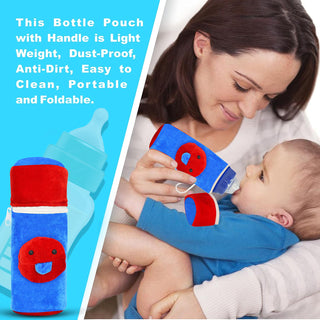 Adbeni Imported Soft Plush Stretchable Baby Feeding Bottle Cover | with Easy to Hold Strap & Zip | Cute Animated Overall Print | 240ml Random Color 1 PC