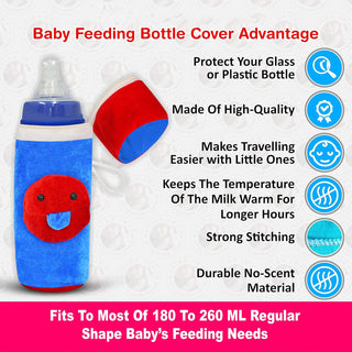 Adbeni Imported Soft Plush Stretchable Baby Feeding Bottle Cover | with Easy to Hold Strap & Zip | Cute Animated Overall Print | 240ml Random Color 1 PC