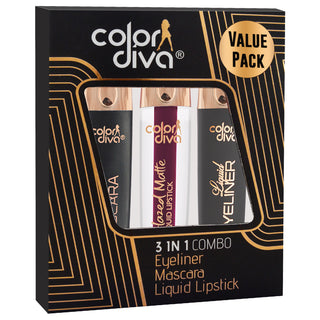 COLOR DIVA Value Pack Combo, Glazed Matte Liquid Lipstick With Eyeliner & Mascara | Long Lasting, Water & Smudge Proof, Light Weight, 14 Hour Long Stay, Pack Of 3 (Item Code: 293)