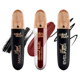 COLOR DIVA Value Pack Combo, Glazed Matte Liquid Lipstick With Eyeliner & Mascara | Long Lasting, Water & Smudge Proof, Light Weight, 14 Hour Long Stay, Pack Of 3 (Item Code: 293)