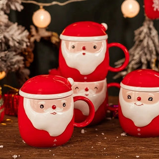 Adbeni Imported Christmas Coffee Mug with Santa Claus Pattern | Bubble Ceramic Shape | Spoon Lid Cappuccino Cup | Tea Mug | Milk Drinking Vassal | Perfect for Gifting