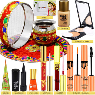 Karwa Chauth Combo | Full Face Makeup, Pooja Essentials & Thali Set for Celebrations (Item Code: 500)