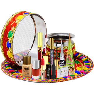 Karwa Chauth Combo | Full Face Makeup, Pooja Essentials & Thali Set for Celebrations (Item Code: 500)