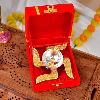 Adbeni Imported Brass Peetal Swastik Diya with Red Velvet Box | Elegant Pooja Gift Set for Home & Temple (Item code: 490)