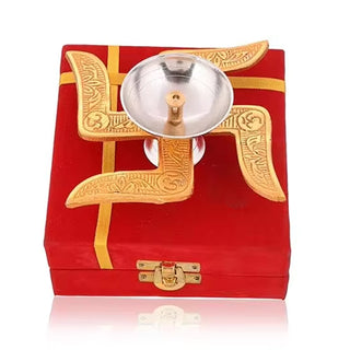 Adbeni Imported Brass Peetal Swastik Diya with Red Velvet Box | Elegant Pooja Gift Set for Home & Temple (Item code: 490)