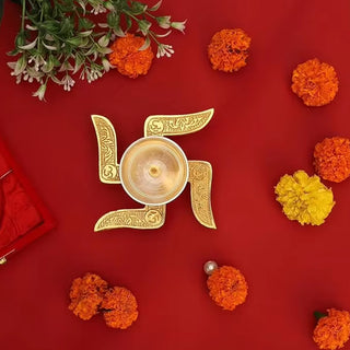 Adbeni Imported Brass Peetal Swastik Diya with Red Velvet Box | Elegant Pooja Gift Set for Home & Temple (Item code: 490)