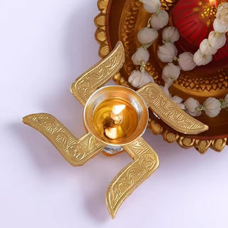 Adbeni Imported Brass Peetal Swastik Diya with Red Velvet Box | Elegant Pooja Gift Set for Home & Temple (Item code: 490)