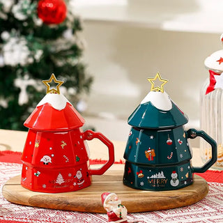 Adbeni Imported Christmas Tree Coffee Mug | Bubble Ceramic Shape, Spoon Lid Porcelain Cappuccino & Tea Mug | Holiday Milk Drinking Cup | Ideal For Christmas Gift | Random Color 1 Pc