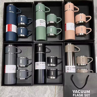 Imported Straight Cup High-Grade 304 Stainless Steel Vacuum Thermos Drinking Flask With Three Lid Water Bottle Gift Random Color (Item Code: 292)