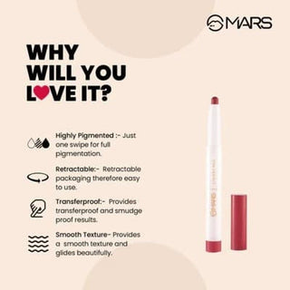 MARS Retractable Poppins Long Lasting Lip Crayon | Matte finish | Smudge proof & Kiss Proof Crayon Lipstick for Women 1.3 gm